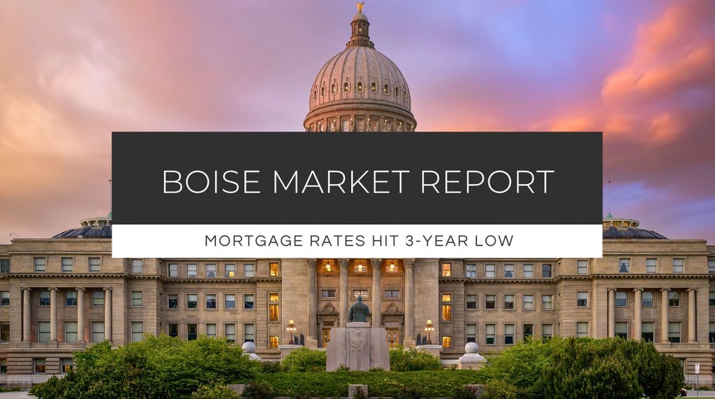 Boise State Capitol with sunset sky, highlighting report on mortgage rates hitting a multi-year low in Boise market.