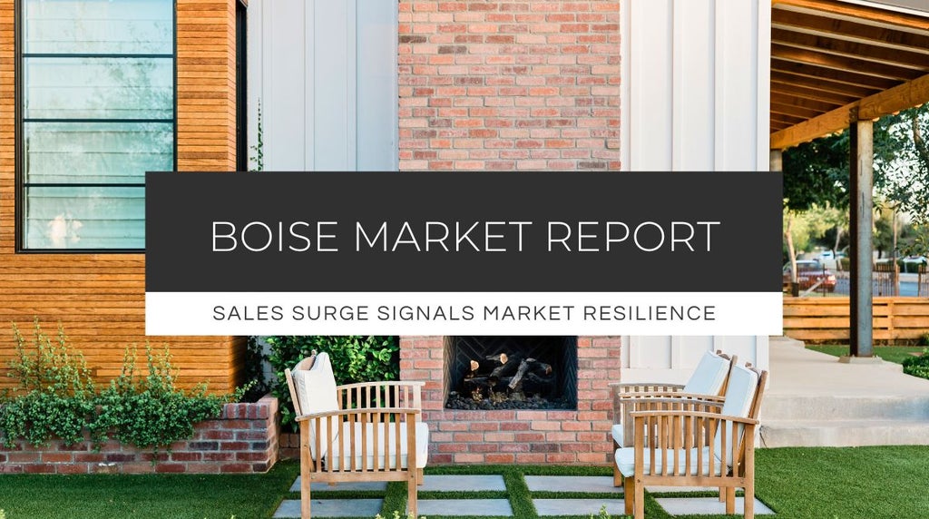 Outdoor patio of modern Boise home, with text highlighting strong Ada County home sales in July despite rising interest rates.