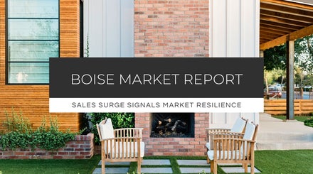 Outdoor patio of modern Boise home, with text highlighting strong Ada County home sales in July despite rising interest rates.