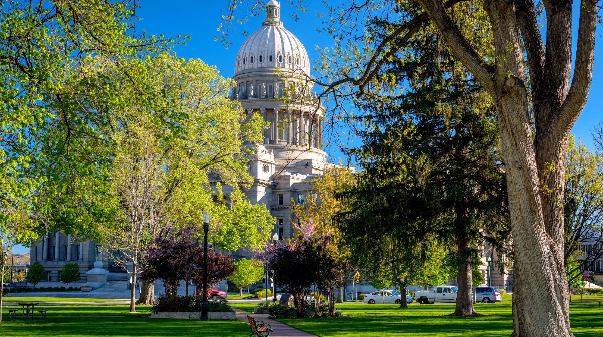 Boise Idaho Capitol Building in spring, highlighting the lush greenery and urban landscape for a market report.