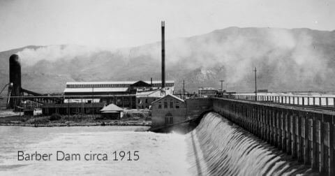 Barber Valley Dam circa 1915 with power plant and mill in the background